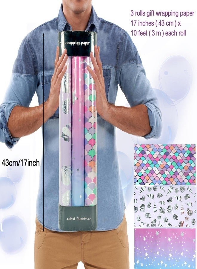 MAMUNU Birthday Wrapping Paper Rolls, Pink Purple Mermaid Gift Wrapping Paper Girls Women, Metallic Foil Shiny Wrapping Paper Rolls for Birthday Baby Bridal Shower Wedding, 3 Mini Rolls-17x118 Inch Per Roll. - Image 4